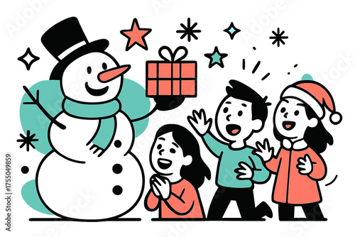Frosty Gift Party. Frosty with Gifts. Frosty holding a gift box, floating stars and snowflakes around, children excitedly watching, festive winter party mood.