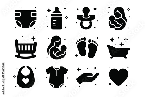 Infant Care Icons. Infant Care. Solid icons set of Infant Care: diaper, baby bottle, pacifier, blanket, cradle, mother holding baby, baby feet, bath, bib, baby