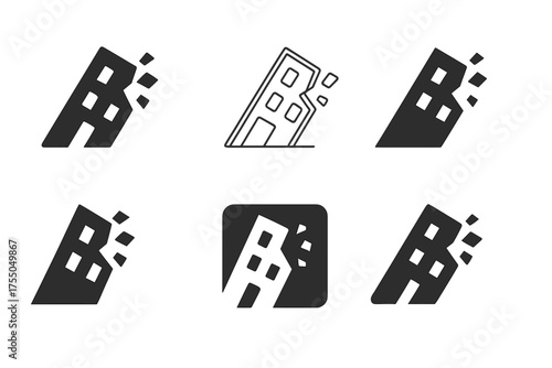 Emblematic Collapse Logos. Building Collapse. Set Logo of Building Collapse: stylized collapse icon. harmonious logo variations of the same emblematic concept,