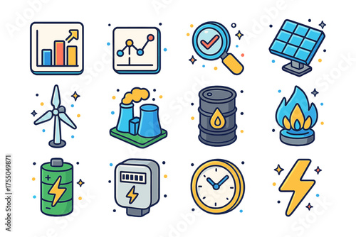 Energy Planning Icons. Energy Planning. Colorful isometric vector icons set of energy planning: chart, graph, magnifying glass, solar panel, wind turbine,