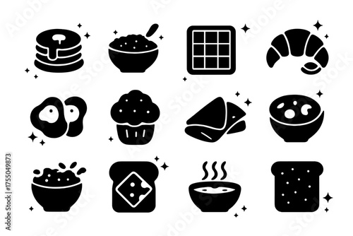 Breakfast Icons Display. Breakfast Foods. Solid icons set of Breakfast Foods: pancakes with syrup, porridge, waffles, croissant with butter, scrambled eggs