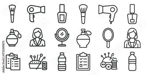 Beauty and fashion outline icons set – linear, filled, makeup and style symbols