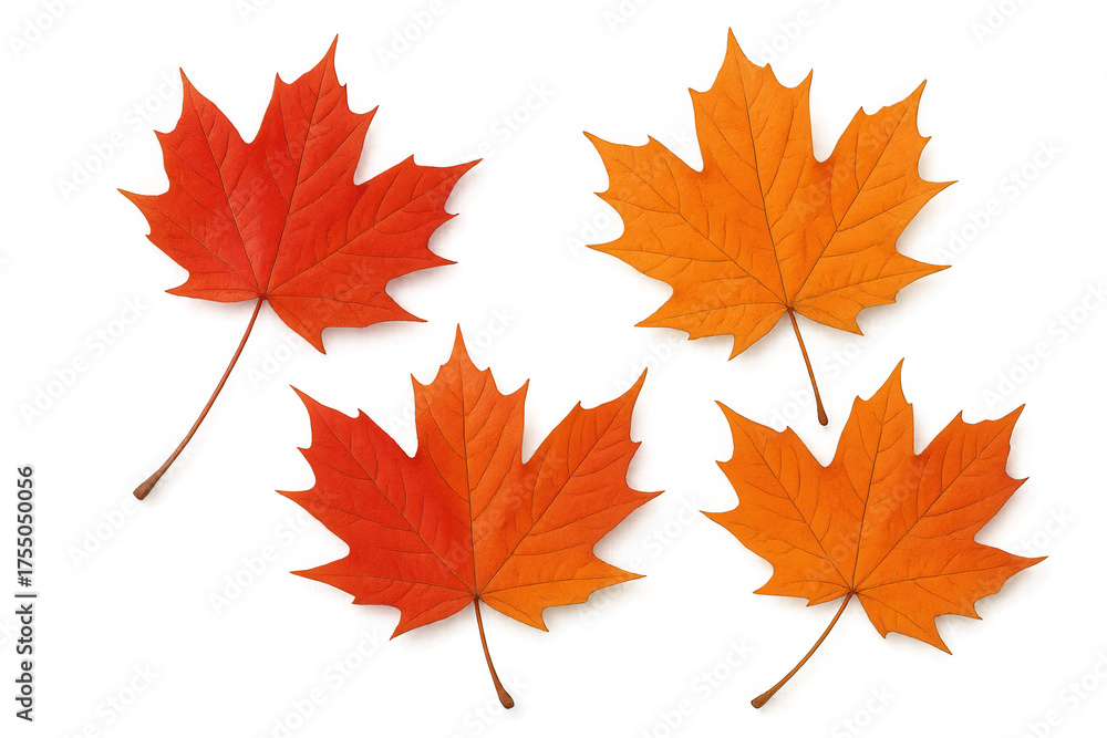 Fototapeta premium Maple leaf collection displaying vibrant autumn colors, isolated on a transparent background, symbolizing fall season