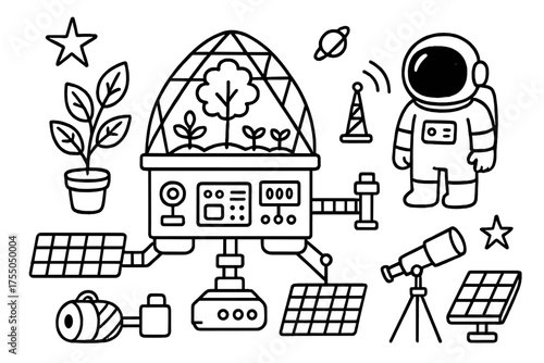 Green Space Station Doodle. Green Space Station. Hand-drawn doodle illustration Green Space Station tree plant garden greenhouse dome astronaut satellite
