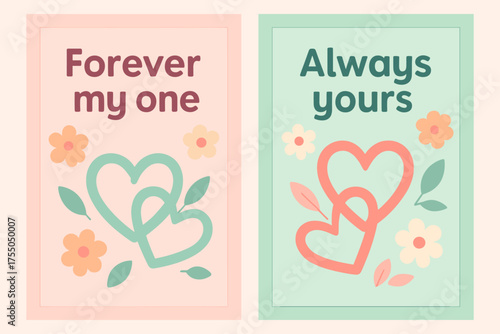Intertwined Hearts Banners. Forever my one. Two vertical A6 banners with safe margins, centered composition, no elements touching edges, flat vector design,