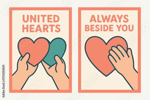 United Hearts Banners. United hearts. Two vertical A6 banners with safe margins, centered composition, no elements touching edges, cartoon, coral and teal,