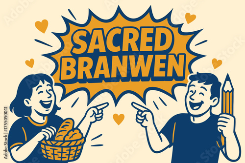 Branwen Banner Fun. Sacred Branwen banner, flat vector illustration, bold oversized text inside comic burst, cartoon characters laughing and pointing, holding