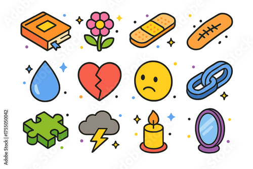 Emotional Recovery Icons. Emotional Recovery. Colorful isometric vector icons set of emotional recovery: diary, flower, bandage, scar mark, tear drop, broken