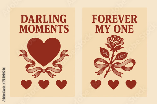 Retro Banner Romance. Darling moments. Two vertical A6 banners with safe margins, centered composition, no elements touching edges, retro, red and beige,