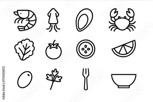 Mediterranean Salad Icons. Mediterranean seafood salad. Line icon set of Mediterranean seafood salad: shrimp, squid, mussel, crab, lettuce, cherry tomato,