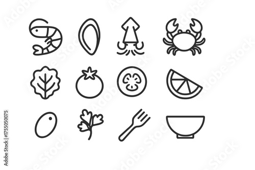 Seafood Salad Icons. Fresh seafood salad. Line icon set of Fresh seafood salad: shrimp, mussel, squid, crab, lettuce, cherry tomato, cucumber slice, lemon