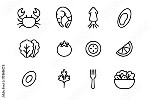 Seafood Salad Icons. Seafood bowl salad. Line icon set of Seafood bowl salad: crab, shrimp, squid, mussel, lettuce, cherry tomato, cucumber slice, lemon wedge,