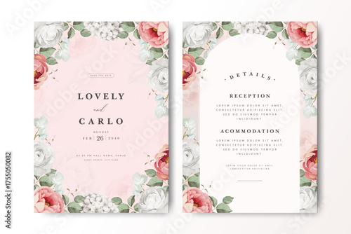 Elegant wedding invitation card design featuring soft pink and cream roses with green leaves, set against a pastel pink background. Clean and minimal text layout, perfect for weddings and VIP events.