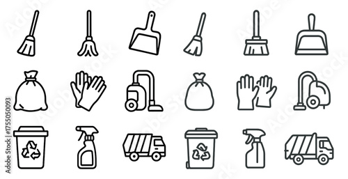 Cleaning and hygiene outline icons set – line, sanitation and tidiness symbols
