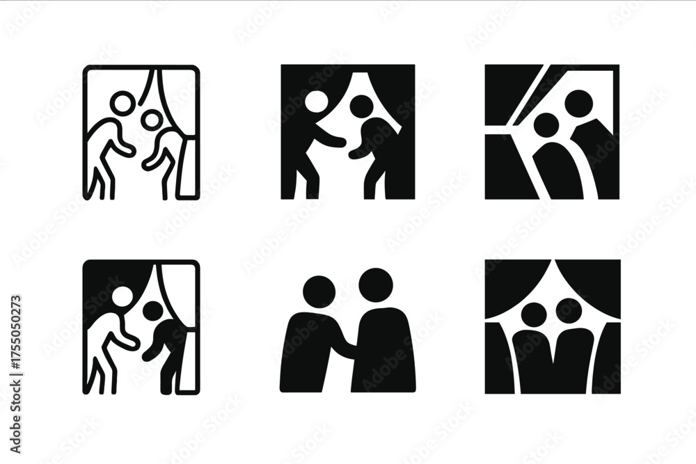Fototapeta premium Performers Logo Variations. Performers Backstage. Set Logo of Performers Backstage: actors preparing behind curtain icon. harmonious logo variations of the
