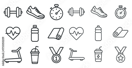Fitness and exercise outline icons set – line, linear, workout and gym symbols