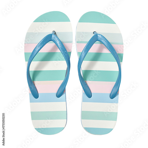Overhead shot of two colorful flip-flops with striped pattern, blue straps, and black background