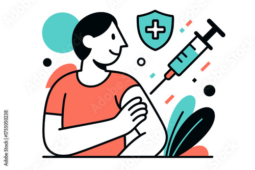 Vaccination Abstract Art. Vaccination Routine. Abstract patient receiving vaccine injection, floating geometric syringe and shield icons, medical checkup