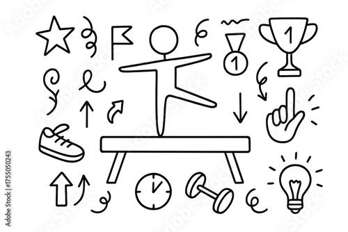Gymnastics Icons. Gymnastics. Hand-drawn doodle illustration gymnastics balance beam, person figure, star, flag, shoe, trophy, medal, swirl, arrow up, arrow
