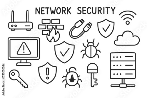 Network Security Doodle. Network Security. Hand-drawn doodle illustration Network Security router firewall cable shield wifi server cloud alert virus bug