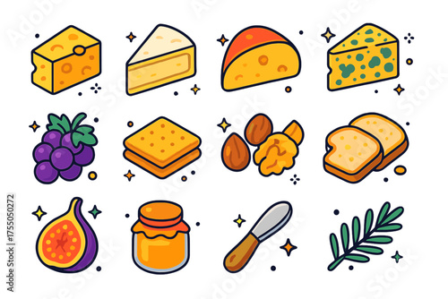 Isometric Cheeseboard Icons. Cheeseboard. Colorful isometric vector icons set of Cheeseboard: cheddar, brie, gouda, blue cheese, grapes, crackers, nuts, fig,
