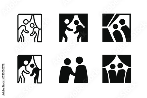 Performers Logo Variations. Performers Backstage. Set Logo of Performers Backstage: actors preparing behind curtain icon. harmonious logo variations of the