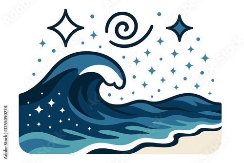 Oceanic Glow. Tide. Glowing ocean waves rolling gently onto shore with light sparkles floating above. Floating icons of sparkle, swirl, and star symbolizing