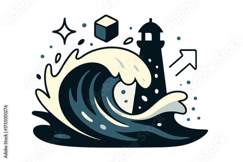 Glowing Waves and Lighthouse. High tide. Glowing waves rising against a lighthouse silhouette with water droplets sparkling in the air. Floating icons of