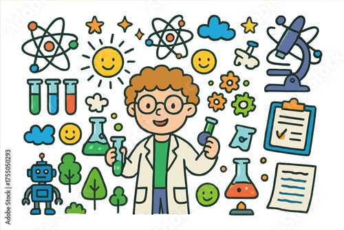 Colorful Science Doodles. Science Experiment. Colorful Hand-drawn doodle Children illustration test tubes, flasks, atom models, sparkles, microscope,