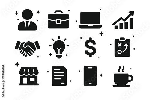 Entrepreneurship Icon Set. Self-Made Business. Solid icons set of Self-Made Business: entrepreneur, briefcase, laptop, chart, handshake, light bulb, dollar