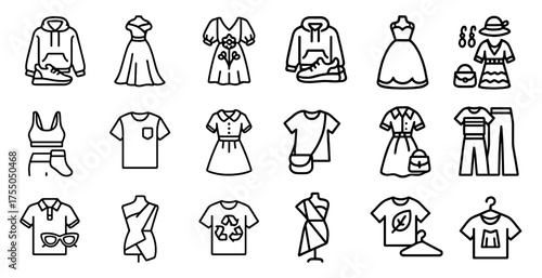 Fashion and apparel outline icons set – linear, clothing, trendy style symbols