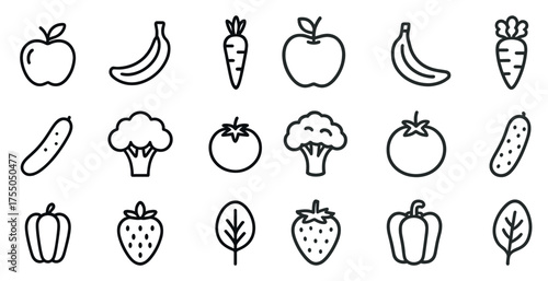Fruits and vegetables outline icons set – flat, organic, healthy eating symbols