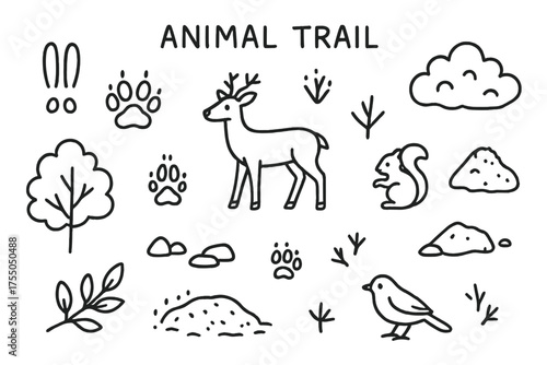 Animal Tracks Doodle. Animal Trail. Hand-drawn doodle illustration Animal Trail paw prints footprints rabbit fox deer squirrel bird forest snow bush tree