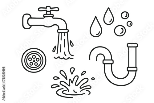 Water Flow Doodle. Water Flow. Hand-drawn doodle illustration Water Flow faucet stream droplets bubbles drain sink swirl pipe splash. Simple cartoon-style