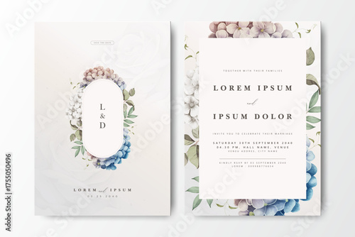 Charming wedding invitation card design with a colorful floral frame featuring soft blues, pinks, and greens, complemented by elegant typography. Perfect for a modern wedding with personalized details