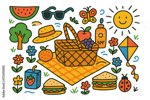 Whimsical Picnic Scene. Picnic. Colorful Hand-drawn doodle Children illustration Picnic basket, blanket, hat, sunglasses, sunscreen, fruits, juice box,
