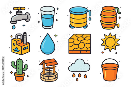 Water Conservation Icons. Saving Water. Colorful isometric vector icons set of saving water: faucet, glass of water, water tank, rain barrel, desalination