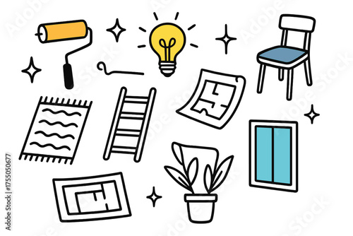 Colorful Interior Doodles. Interior Setup. Hand-drawn doodle illustration paint roller (colored), lightbulb (colored), chair (colored), sparkle, star, rug,