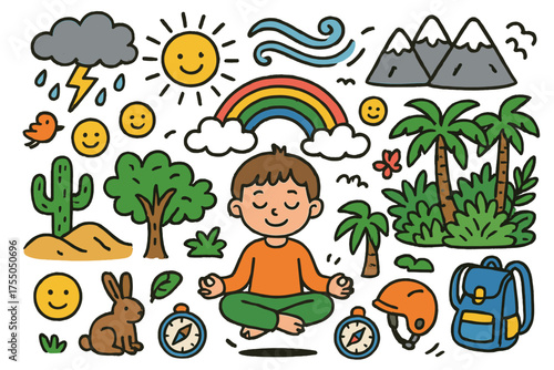 Doodle Adventure Imagination. Mind Exploration. Colorful Hand-drawn doodle Children illustration child meditating, extreme environments, mountains, desert,