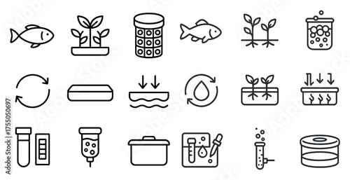 Aquaponics line icons set – linear, outline, sustainable farming symbols