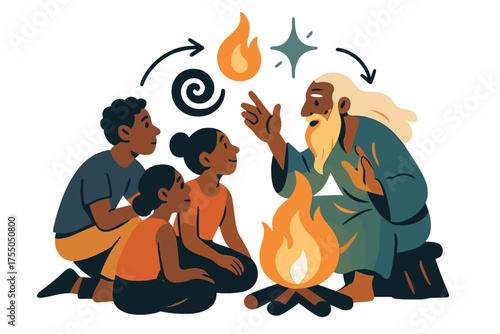 Ancestral Wisdom Stories. Ancestral rites. Glowing elder telling stories by fire as younger listeners gather. Floating icons of flame, sparkle, and swirl