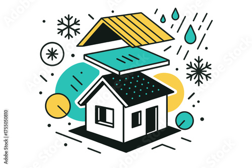 Geometric Insulated Cabin. Insulated Remote House. Abstract geometric cabin with floating insulation layers and roofing panels, floating snowflakes and light