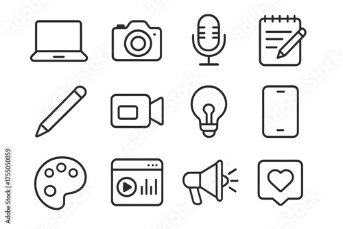 Content Creation Icons. Content creation. Line icon set of Content creation: laptop, camera, microphone, notepad, pencil, video camera, light bulb, smartphone,