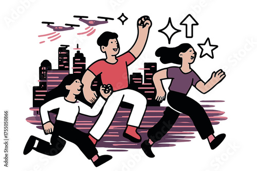 Neon Skyline Dynamics. Urban skyline. Long exposure showing skyscrapers glowing with neon streaks of drones flying above. Floating icons of sparkle, arrow, and