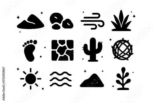 Erosion and Nature Icons. Erosion & Nature. Solid icons set of Erosion & Nature: sand dune, rocks, wind, desert plant, footprint, dry soil, cactus, tumbleweed,