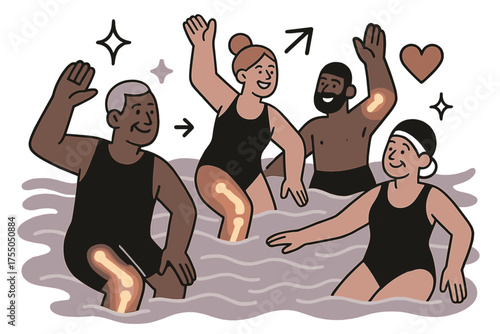 Glowing Water Aerobics. Arthritis care. Glowing group doing water aerobics with gentle glowing waves and joint icons floating. Floating icons of sparkle,