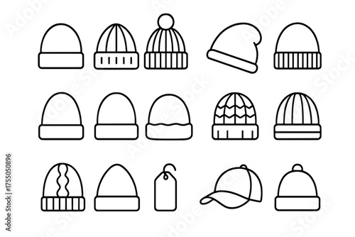 Casual Beanie Icons. Casual beanies. Line icon set of Casual beanies: folded beanie, knitted beanie, pom-pom beanie, slouchy beanie, cuffed beanie, wool hat,