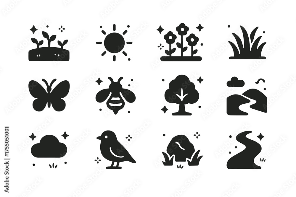 Naklejka premium Nature Icon Medley. Relaxing Nature. Solid icons set of Relaxing Nature: meadow, sun, flowers, grass, butterfly, bee, tree, hill, cloud, bird, rock, path.