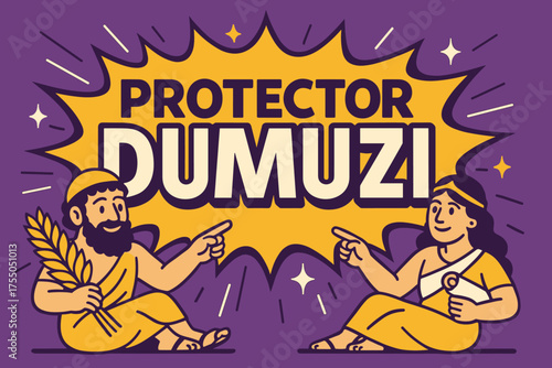 Dumuzi Protector Banner. Protector Dumuzi banner, flat vector illustration, bold oversized text inside comic burst, cartoon characters sitting and pointing,