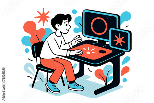 Futuristic Learning Desk. Smart Desk. A glowing futuristic student desk with built-in screens, abstract spark and circle icons symbolizing immersive learning.